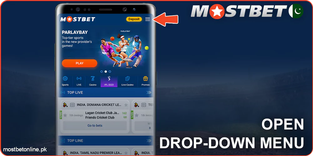Open the drop down menu on Mostbet