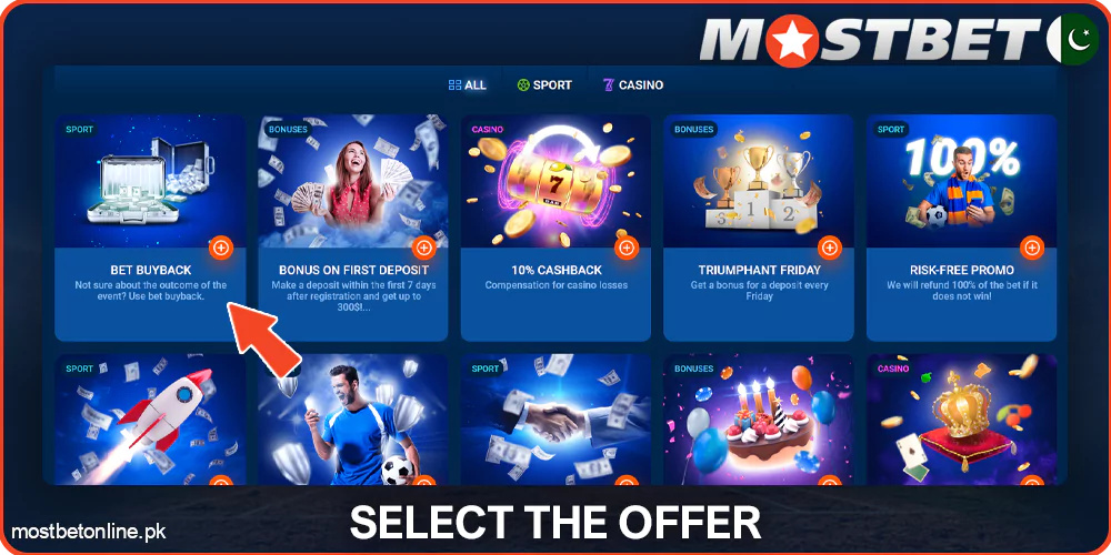Select the offer at Mostbet