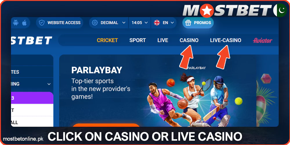 Go to Casino or Live Casino at Mostbet