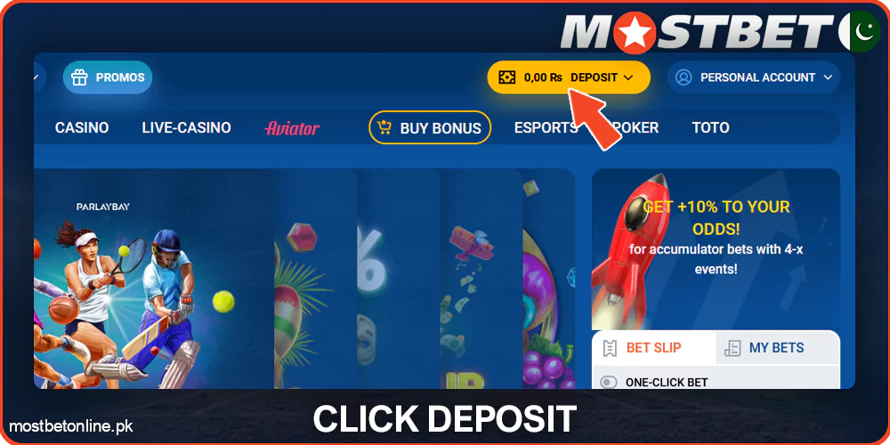 Click on Deposit at Mostbet