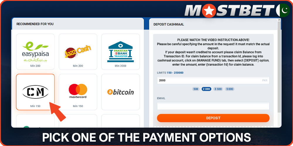 Select one of the payment options at Mostbet