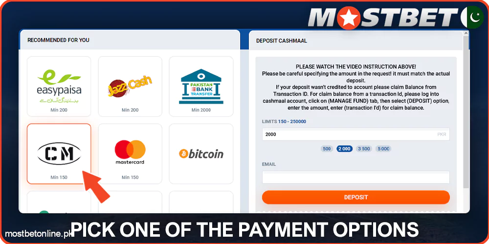 Select one of the payment options at Mostbet