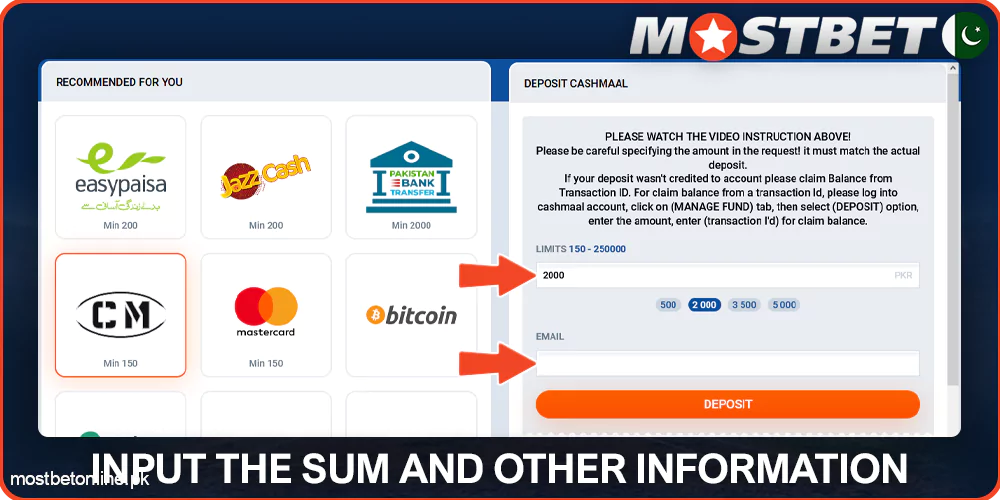 Complete the payment form at Mostbet