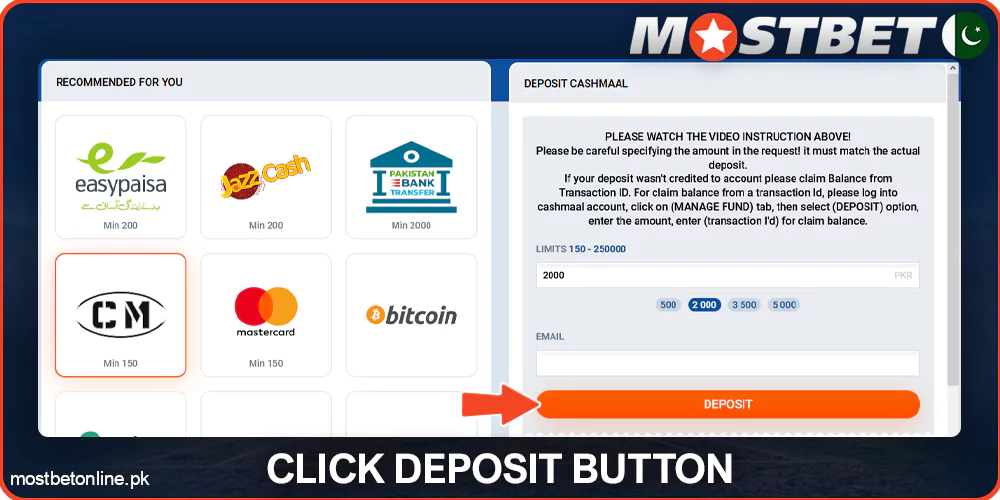 Complete the payment at Mostbet