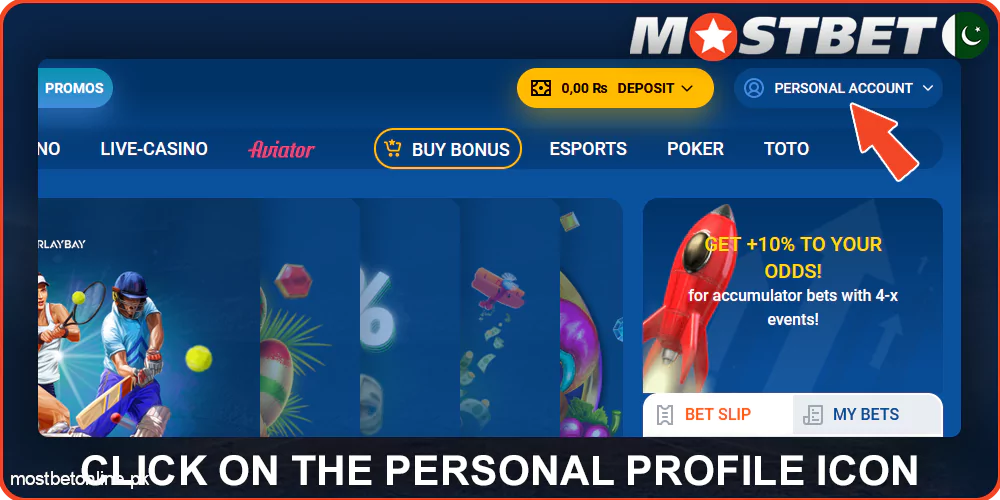 Open the drop down menu on Mostbet