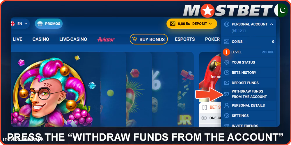 Press the "Withdraw Funds" button on Mostbet