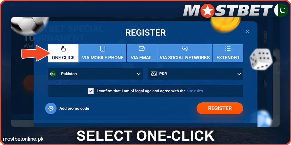 Choose the one-click method at Mostbet