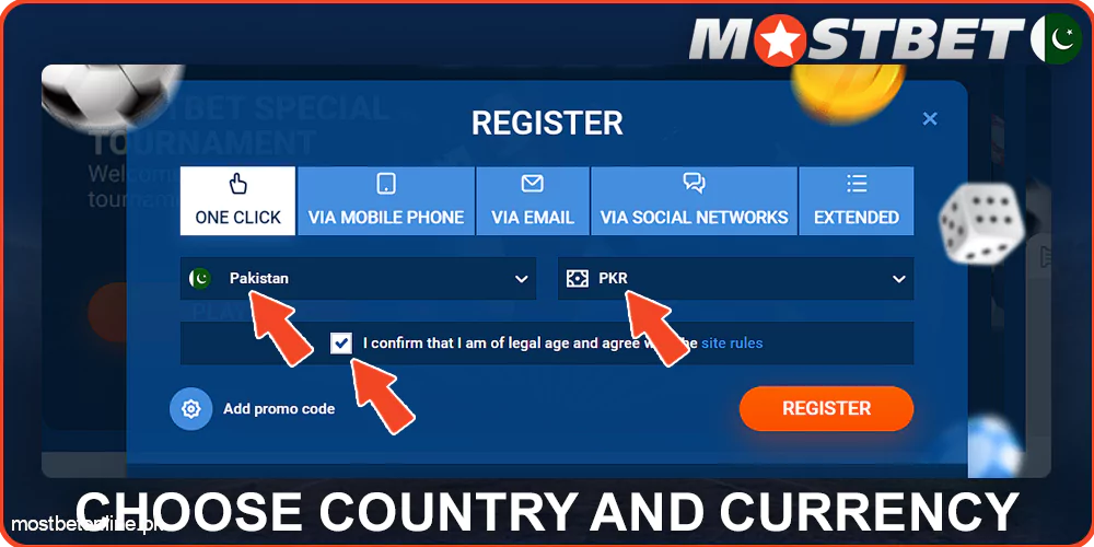 Choose your country and currency at Mostbet