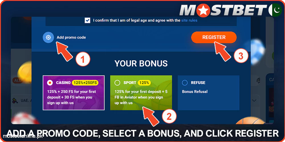 Add a promo code, select a bonus, and click Register at Mostbet
