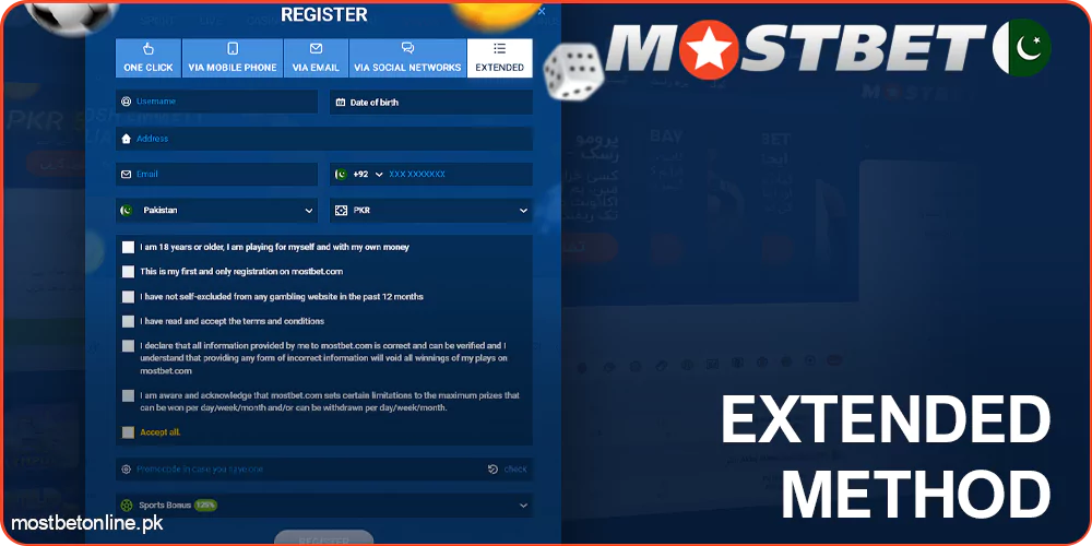 Extended Method of registration at Mostbet