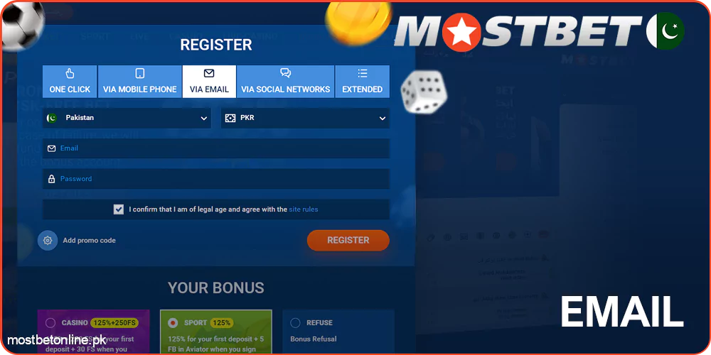 Registration at Mostbet by email