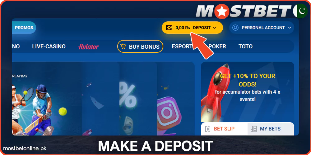 Click on Deposit at Mostbet
