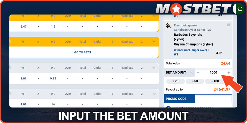 Enter the bet amount on Mostbet