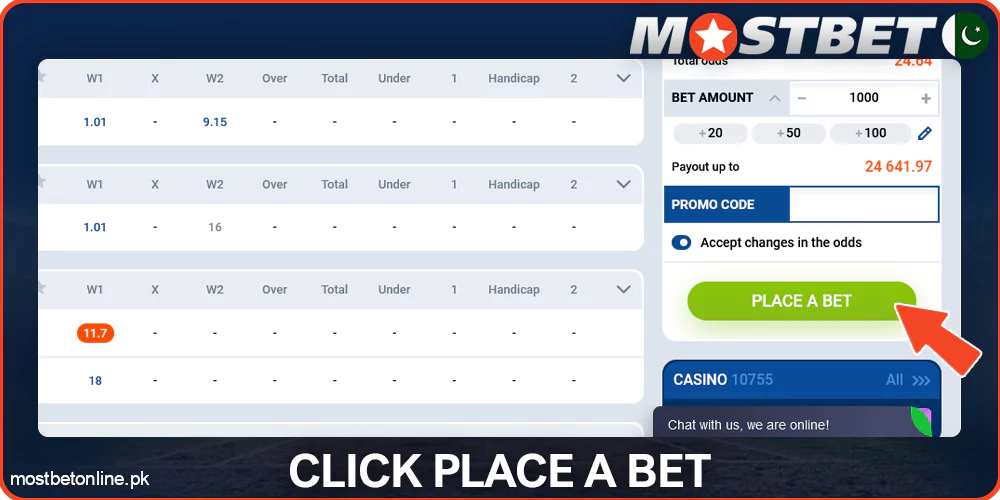 Click the Bet button on Mostbet
