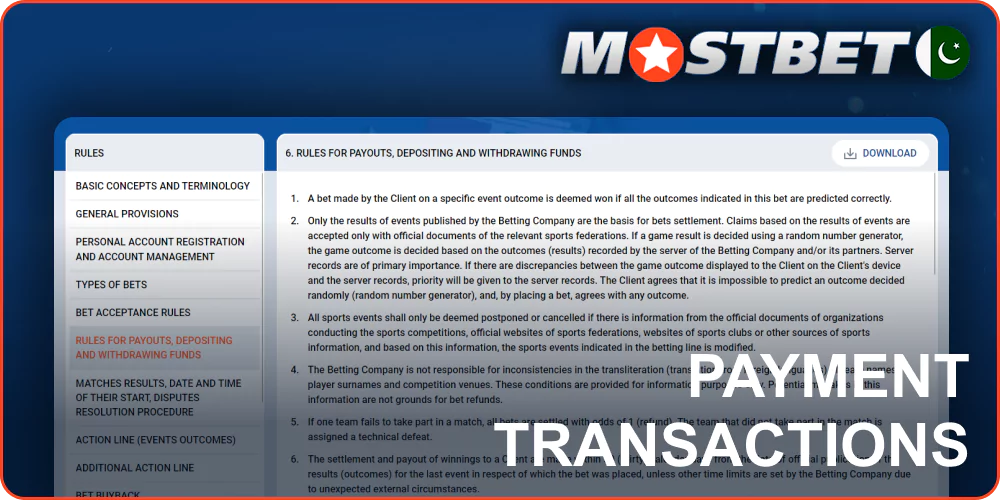 Mostbet payment rules for players from Pakistan